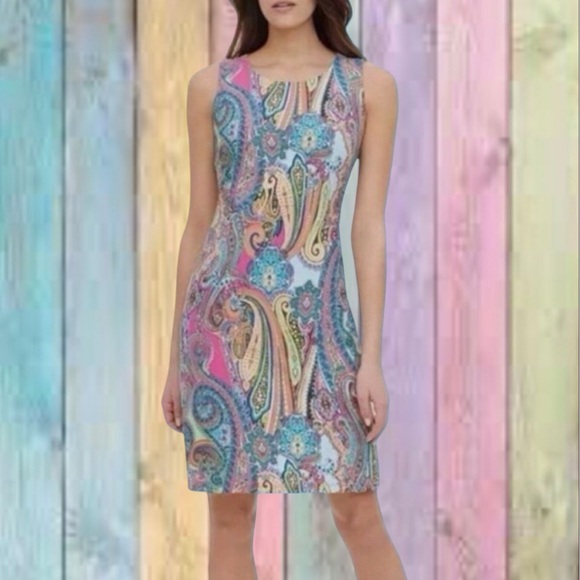 Tommy Hilfiger Dresses & Skirts - Tommy Hilfiger Blue Pink Paisley Print Scuba Lined Sheath Dress